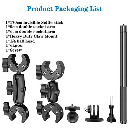 Taisioner Motorcycle Bike Handlebar Double clamp Mount and 67”Invisible Selfie Stick Insta 360 Motorcycle Mount Kit for X5/X4/X3/X2/XONE/GO2/3 Action Camera