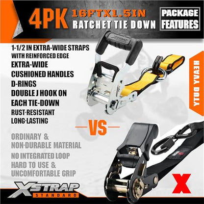 XSTRAP STANDARD 4 Pack 1.5" x 16' Ratchet Straps Double J Hook - 1,100 lb Capacity, 3,300 lb Break Strength, Heavy Duty Tie Down Straps for Truck, Motorcycle & Cargo Hauling - style: 4pk 1.5'' x 16' 3300lbs yellow