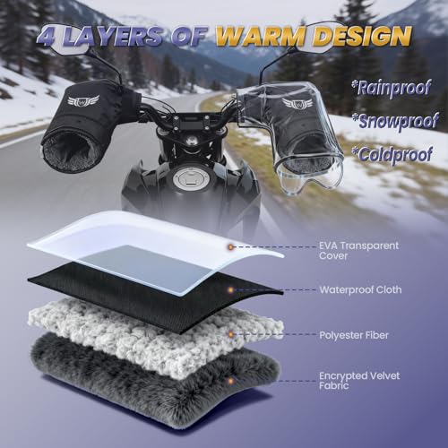 Motorcycle Handlebar Muffs - Thermal Bike Mittens with Reflective Strip, Waterproof PVC Pocket ATV Hand Warmers, Windproof & Coldproof Handlebar Cover Gloves for Cold Weather Cycling - color: Black