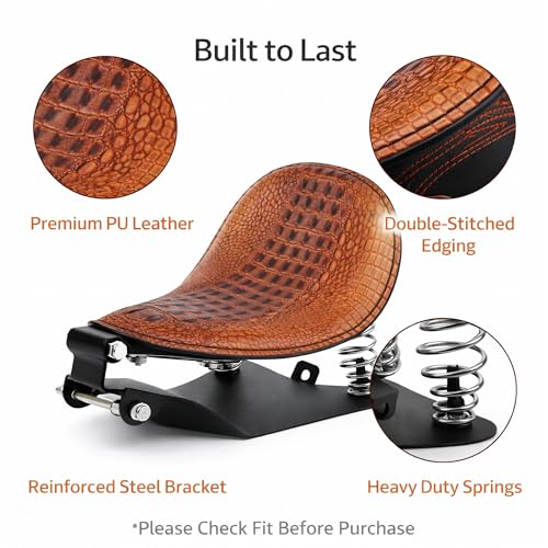Crocodile Pattern Motorcycle Solo Seat with Springs, PU Leather Bobberx Custom Driver Seat Cushion for Harley Sportster XL883 XL1200 Bobber Chopper, Fits Honda Yamaha Kawasaki Suzuki (Brown) - style: Brown