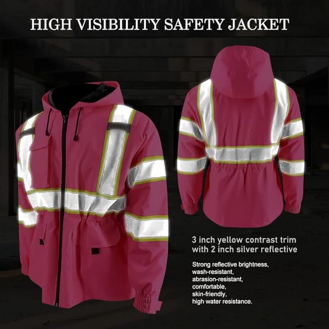 KARXICIY ZUJA Hi Vis Reflective Safety Jacket for Men Women Construction Jacket with Hood High Visibility Safety Rain Jacket - color: Pink - Thickening, size: 5X-Large