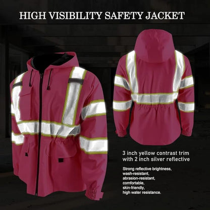 KARXICIY ZUJA Hi Vis Reflective Safety Jacket for Men Women Construction Jacket with Hood High Visibility Safety Rain Jacket - color: Pink - Thickening, size: X-Large