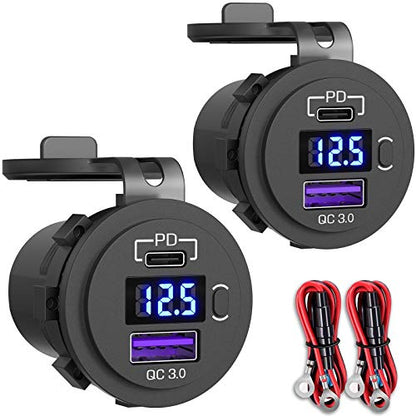 Qidoe 2 Pack PD3.0 20W and QC3.0 18W USB C Car Charger With LED Voltmeter and ON/Off Switch for Boat, RV, Truck, Golf Cart, Motorcycle