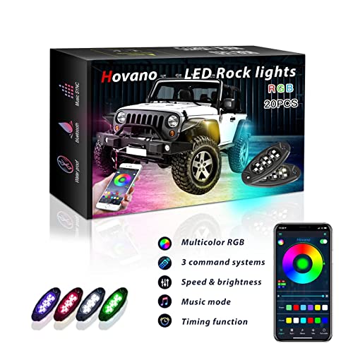 Hovano RGB LED Rock Lights, 20 Pods Waterproof Magic-RGB Multicolor Chasing Neon Underglow Music Lighting Kit with APP/RF Control for Jeep Off Road Truck Car ATV SUV RZR - size: 20 Pods Rock Lights