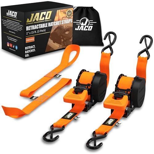 JACO Retractable Ratchet Straps - 1 in x 15 ft (2-Pack) (1,760lb Break Strength) | Auto Self Retracting Cargo Tie Down Strap Set (Orange) - color: Orange, size: 2-Pack