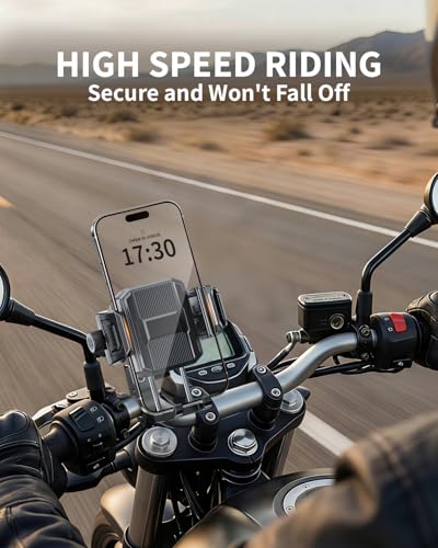 Delobon Motorcycle Phone Mount with Safety Lock, One-Hand Operation Bike Phone Holder for Electric Scooter/ATV/Bicycle Handlebar, for iPhone Samsung 4.7–7.0 in Smartphones (Sleek Black)