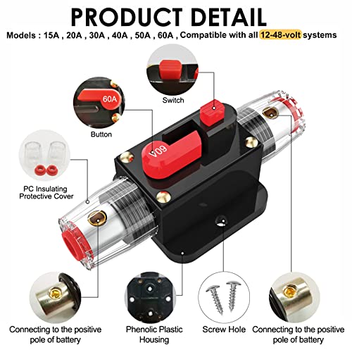 Circuit Breaker Switch 60A Waterproof Fuse Inline Holder Resettable Fuse Manual Reset 12V-48V DC for Car Audio Sound Amplifier System RV Home Marine Boat Truck - style: 60A