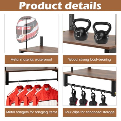 Motorcycle Helmet Holder Wall Mount, 2 Helmet Stands with Gear Rail and 4 Detachable Clips, Wood and Metal Helmet Rack, 16.14 x 10.24 x 13.38 in, Includes Storage Bag and Hardware