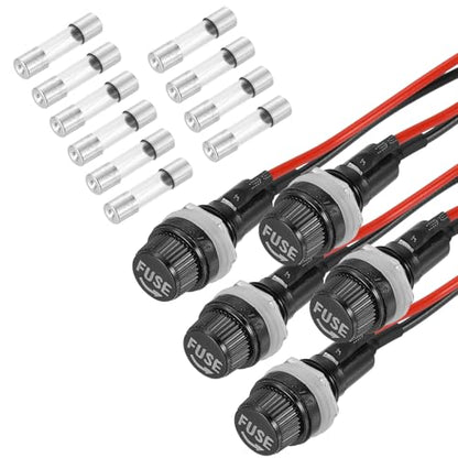 MECCANIXITY 5 Pcs Panel Mount Fuse Holder, 10/15A AC 125/250V 5 x 20mm Fuse Spade Terminal Screw Cap Fuse Holders with Pre-Soldered Wires and 6A Glass Tube Fuses - size: 5X20mm, style: 6A