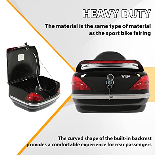 Black Motorcycle Hard Trunk Top Case with Backrest and Tail Light for Harley Davidson, Honda, Yamaha, Suzuki, Vulcan