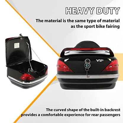 Black Motorcycle Hard Trunk Top Case with Backrest and Tail Light for Harley Davidson, Honda, Yamaha, Suzuki, Vulcan