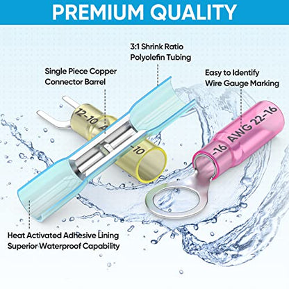 TICONN 160Pcs Heat Shrink Wire Connectors, Waterproof Automotive Marine Electrical Terminals Kit, Crimp Connector Assortment, Ring Fork Spade Butt Splices - style: 160PCS Combo