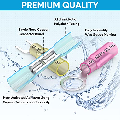 TICONN 250Pcs Heat Shrink Wire Connectors, Waterproof Automotive Marine Electrical Terminals Kit, Crimp Connector Assortment, Ring Fork Spade Butt Splices - style: 250PCS Combo