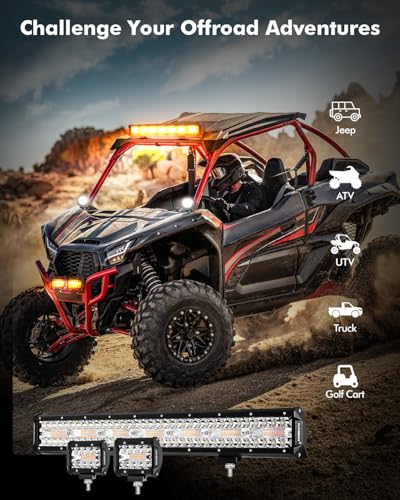 Auxbeam 6 Modes Amber White Series, 4" LED Pods with 20" LED Light Bar Combo Set, Dual Color Strobe Flash/Warning/Signal Spot Flood Combo Auxiliary Offroad Fog Lights, 3 Packs - color: 4" & 20" Combo