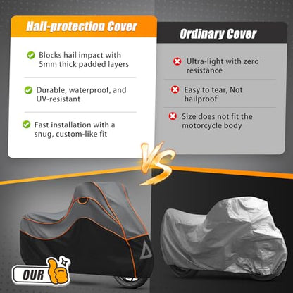 Specialized Hail Protector Motorcycle Cover, Multi-Layered Motorcycle Hail Blankets Protector Cover with 5mm Thick High Density EVA Cushioning Foam Pad and Reflective Stripes, 110L x 43W x 57H in - size: Motorcycle