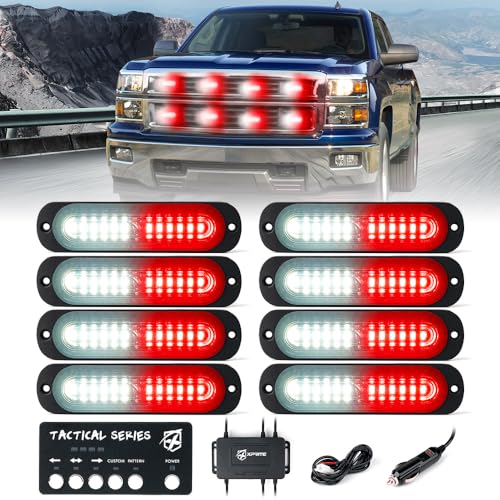Xprite White Red LED Surface Mount Strobe Lights Kit, w/Control Panel Emergency Safety Warning Flashing Grille Cop Marker Light Assembly for Vehicles Trucks ATV UTV Motorcycle 8PCS - color: White Red, size: 8PCS