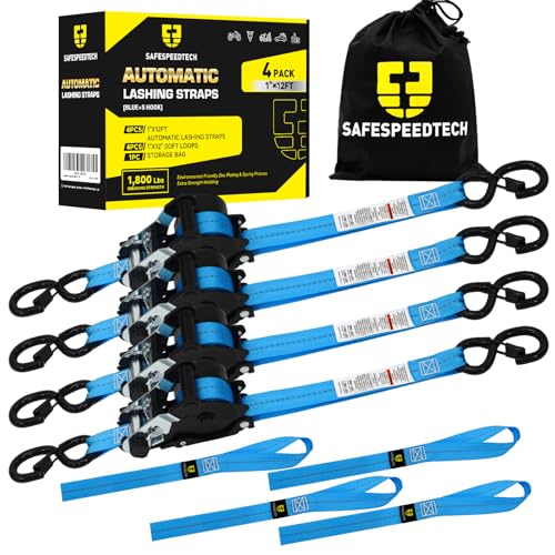 Retractable Ratchet Straps (4pk) - 1 inch x 12 feet (1800lb Break Stength) - Heavy Duty Retractable Straps - Self Retracting Tie Downs with Soft Loops - Auto Ratchet Straps for Truck, Motorcyle, UTV - color: Blue, size: Retractable 1800LB - 12Ft