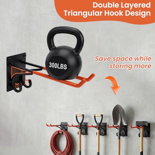 REEWII 14" Large Heavy Duty Garage Hooks, 4 Pack Double-Layer Steel Wall Hook,Non-Slip Coated Gardening Tool Hook for Tool Organization, Shed Storage, Ladder Hook, Car Tire Storage - size: 4 Pack