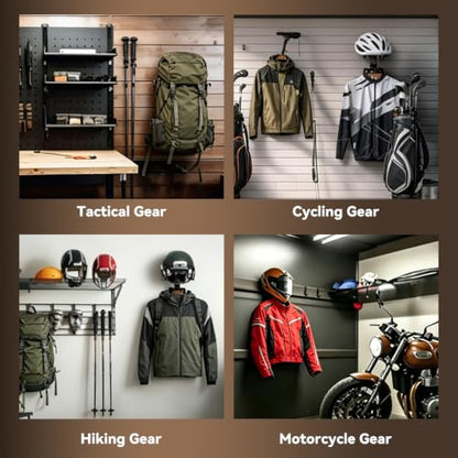 Wall Mount Helmet Holder, Motorcycle Cap Gear Rack, Pine Wood & Iron with Hook, Multi-Purpose Display Hanger for Jackets, Hats