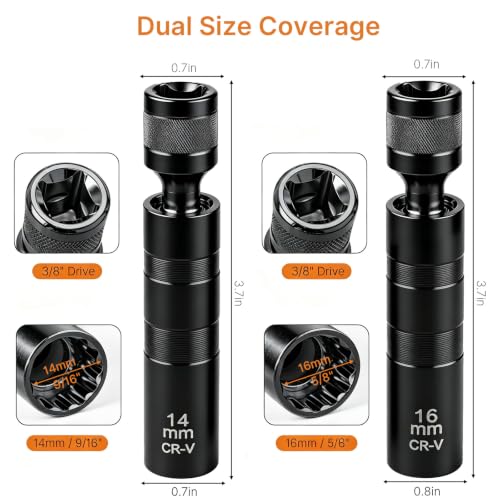 14mm&16mm Magnetic Swivel Spark Plug Socket Set- Thin Wall 3/8" Drive 12 Point Standard Spark Plug Sockets Removal Tool - CR-V Steel Made For Motorcycle, Car, SUV, BMW, Nissan, Mini, Mercedes (Black) - color: Black