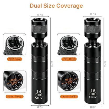 14mm&16mm Magnetic Swivel Spark Plug Socket Set- Thin Wall 3/8" Drive 12 Point Standard Spark Plug Sockets Removal Tool - CR-V Steel Made For Motorcycle, Car, SUV, BMW, Nissan, Mini, Mercedes (Black) - color: Black