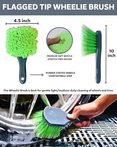 oesee Car Wheel Cleaning Kit: Wheel and Rim Flagged Tip Brush, Bendable Barrel Brush, Wheelie Mitt, Scratch-Free Detail Brush for Rims & Tires - Durable & Multipurpose Clean Wheel Hard to Reach Areas