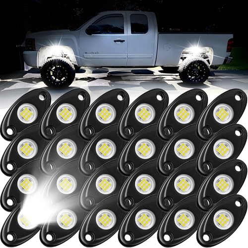 24 Pods White Rock Lights, Heefrole IP68 Waterproof Shakeproof Wide Angle Anti-Corrosion Pure White LED Rock Lights for Trucks Jeep UTV ATV SUV Boat Underglow Lighting Kit - size: 24 Pods