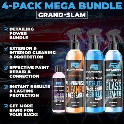 Grand Slam 4-Pack Includes Waterless Car Wash Spray + Instant Car Scratch Remover Repair + Streak Free Window and Glass Cleaner + All Purpose Cleaner for Auto Detailing, 2 Microfiber Towels - color: Grand Slam 4-Pack