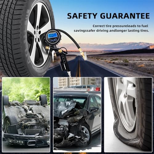 Tire Pressure Gauge with Inflator, 250 PSI Air Chuck and Compressor Accessory, Heavy Duty, with Quick Connector, 0.1 Display Resolution, Car, Motorcycle, SUV, Truck, RV Accessory