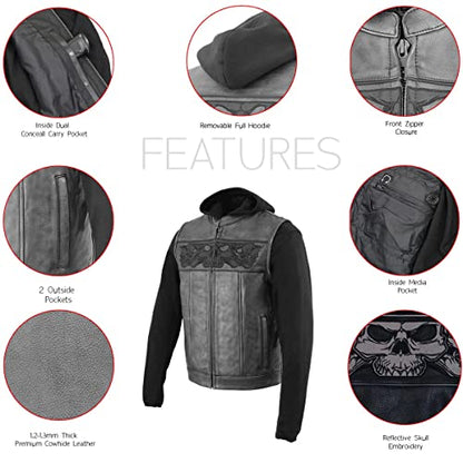 Milwaukee Leather MLM3563 Men's Leather Vest w/Removeable Hoodie - Black 2 in 1 Reflective Skulls Motorcycle Vest - X-Large - size: X-Large