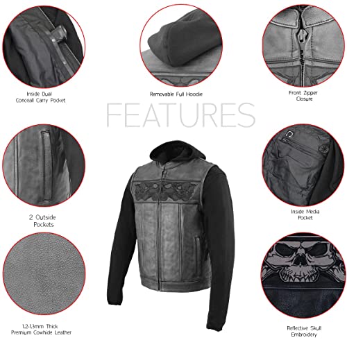 Milwaukee Leather MLM3563 Men's Leather Vest w/Removeable Hoodie - Black 2 in 1 Reflective Skulls Motorcycle Vest - 3X-Large - size: 3X-Large