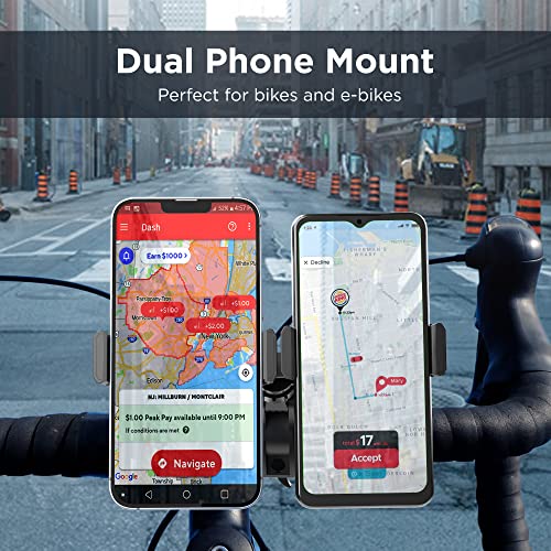 ENCASED Dual Bike Phone Mount, Adjustable Phone Holder for 2 Cellphones, Universal fit for Bicycle/Motorcycle/Electric Bike for iPhone and Android Phones