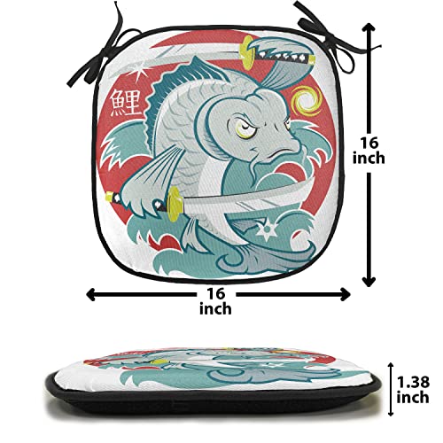 Lunarable Japanese Chair Cushion Pad, Koi Samurai on Red Background Martial Art Animal Fighter Illustration, Seat Padding for Kitchen & Patio with Anti-Slip Backing, 16"x16", Green and White - color: Green and White, size: Pack of 1