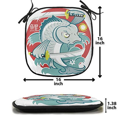 Lunarable Japanese Chair Cushion Pad, Koi Samurai on Red Background Martial Art Animal Fighter Illustration, Seat Padding for Kitchen & Patio with Anti-Slip Backing, 16"x16", Green and White - color: Green and White, size: Pack of 1