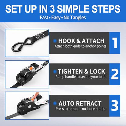 Retractable Ratchet Straps with Soft Loop (4-Pack) - 1 Inch x 10 Feet (1650lb Break Strength) -Heavy Duty Auto Self Retracting Tie Down Straps for Truck, Cargo Trailer, Motorcycle, ATV, UTV - Black