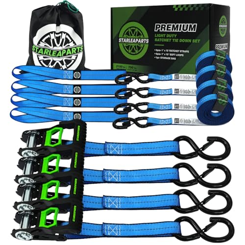 Motorcycle Tie Down Strap (4PK 1.0INX15FT) - 2,100lb Break Strength, Premium Ratchet Tie Down Straps Set, Soft Loop Ratchet Straps for Moving Appliances, Lawn Equipment, Cargo Straps for Trucks - color: Blue, size: 2100lb - 15ft