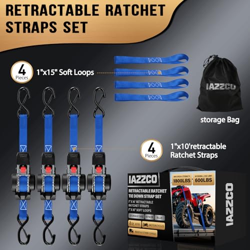 10FT Retractable Ratchet Straps(4-Pack) - 1 Inch (1800 LB Break Strength) Heavy Duty Self Retracting Ratchet Straps with Soft Loops & Storage Bag for Household, Motorcycle, Truck, ATV(Blue) - style: Blue-4 Pack