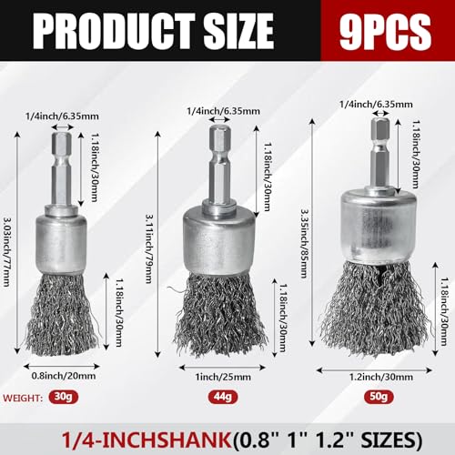 9 PCS Wire Brush Wheel for Drill, 0.8" 1" 1.2" Sizes - Crimped End Wire Brushes 1/4" Hex Shank Knotted Brush for Paint-Surface and Small Spaces