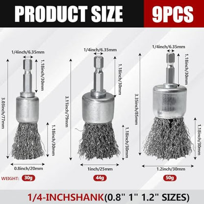 9 PCS Wire Brush Wheel for Drill, 0.8" 1" 1.2" Sizes - Crimped End Wire Brushes 1/4" Hex Shank Knotted Brush for Paint-Surface and Small Spaces