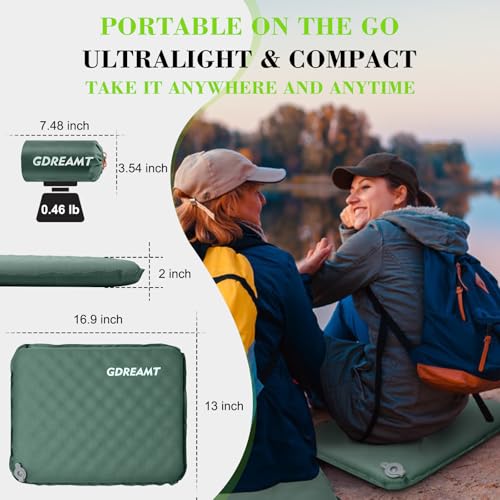 Inflatable Seat Cushion, Self-Inflating Memory Foam Stadium Seats Cushion Lightweight & Compact Chair Sitting Pad Airplane Cushion for Long Flight Travel Outdoor Camping Car Bleachers Office - color: Green