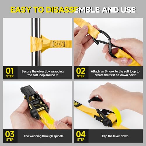 4Pcs Ratchet Tie Down Straps Kit for 2400lb Break Strength | 1” x 16FT Tie Down Straps with Soft Loop Tie-Downs & Safety S Hook - Cargo Strap Tie Down for Trucks, Motorcycle, Moving, Appliances-Yellow - color: Yellow