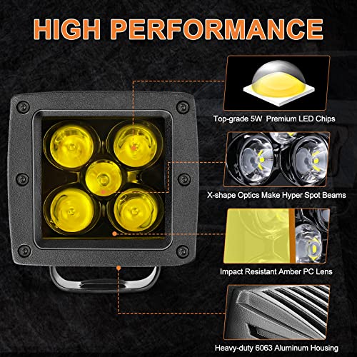Amber LED Pods, RFROAD LIGHTING 2PCS 3Inch 100W Yellow Fog Lights Square Spot Beam LED Cubes for Truck Pickup Offroad Motorcycle UTV ATV SUV Front Bumper - size: 3 Inch Amber Spot Light