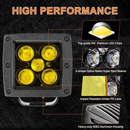 Amber LED Pods, RFROAD LIGHTING 2PCS 3Inch 100W Yellow Fog Lights Square Spot Beam LED Cubes for Truck Pickup Offroad Motorcycle UTV ATV SUV Front Bumper - size: 3 Inch Amber Spot Light