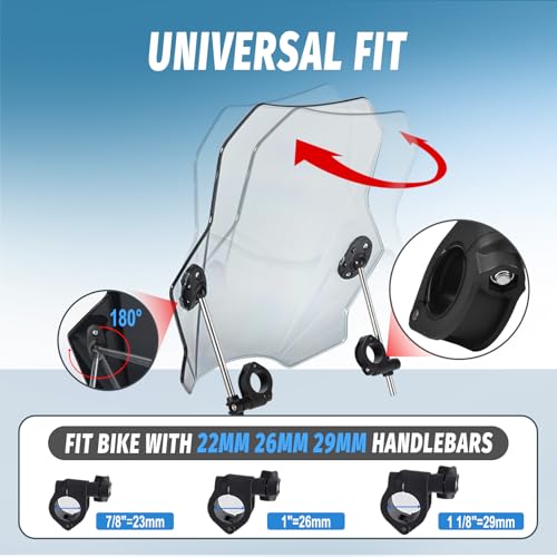 Motorcycle Universal Windshield 16.7” Windscreen Compatible with Yamaha Harley Honda Kawasaki Suzuki BMW Vulcan Cruiser Wind Deflector with 7/8" 1" 1 1/8" Handlebars, Transparent - color: Transparent