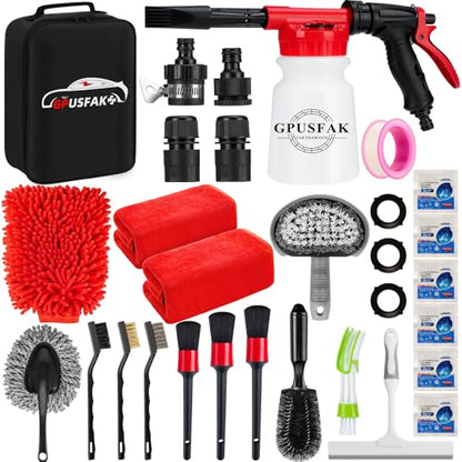 26Pcs Car Wash Cleaning Kit with Foam Gun Sprayer Detailing Brushes Window Water Scraper Tire Brush Towels Complete Interior Exterior Detailing Set for Car - size: 26Pcs