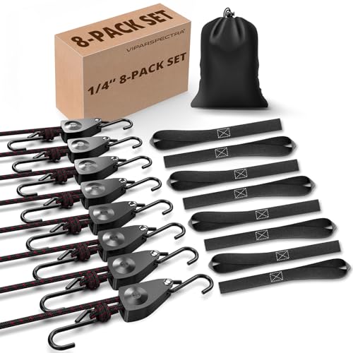 VIPARSPECTRA Ratchet Tie Down Straps, 1/4" Adjustable Rope Hangers [8 Pack, 12FT, 150 lbs/Pack], Heavy Duty Kayak Pulley System with Hooks for Garage Cargo Trucks Tents Grow Lights Various Lashing - size: 1/4" 8-Pack