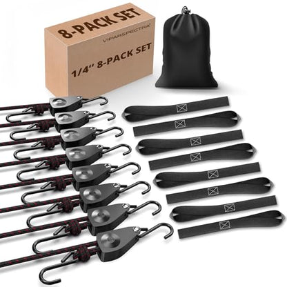 VIPARSPECTRA Ratchet Tie Down Straps, 1/4" Adjustable Rope Hangers [8 Pack, 12FT, 150 lbs/Pack], Heavy Duty Kayak Pulley System with Hooks for Garage Cargo Trucks Tents Grow Lights Various Lashing - size: 1/4" 8-Pack