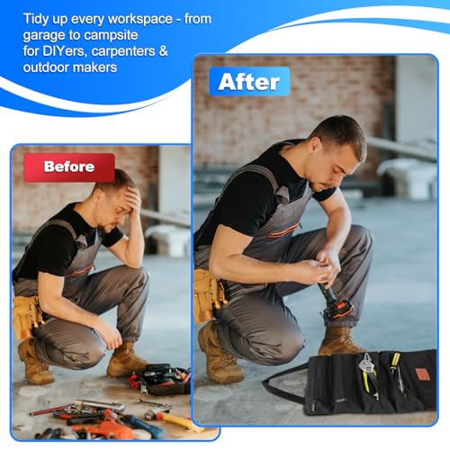 Roll up Tool Bag, Heavy Duty Portable Tool Organizer with Waterproof Oxford Cloth and Zipper Pouch, Rollable Carrying Storage for Mechanics Electricians and Repairmen, Black