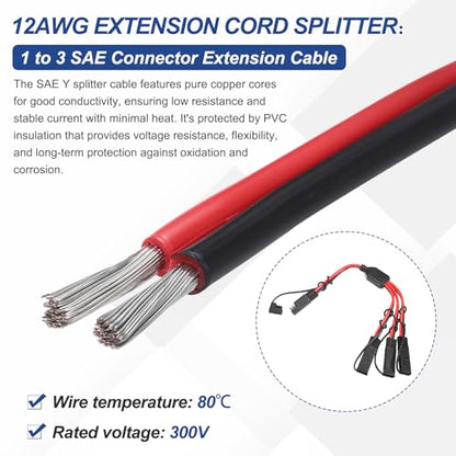 MECCANIXITY SAE Y Splitter Cable, 12AWG Extension Cord Splitter 1 to 3 SAE Connector Extension Cable 0.8 ft with Waterproof Caps & Polarity Reverse Adapter for Solar Panel Battery Charger - size: 12AWG, 0.8 ft