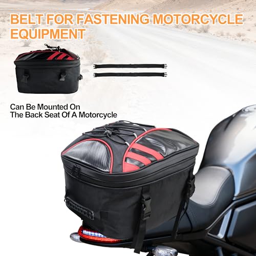 MDSTOP Motorcycle Tail Bag, Dual Use Seat Helmet Bag Backpack with Waterproof Rain Cover, 22L-34L Expandable Motorcycle Rear Seat Bag (Black+Red, M)